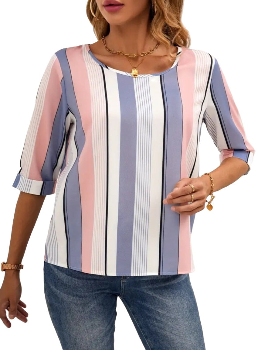 Women's pastel striped blouse with 3/4 sleeves and elegant round neckline