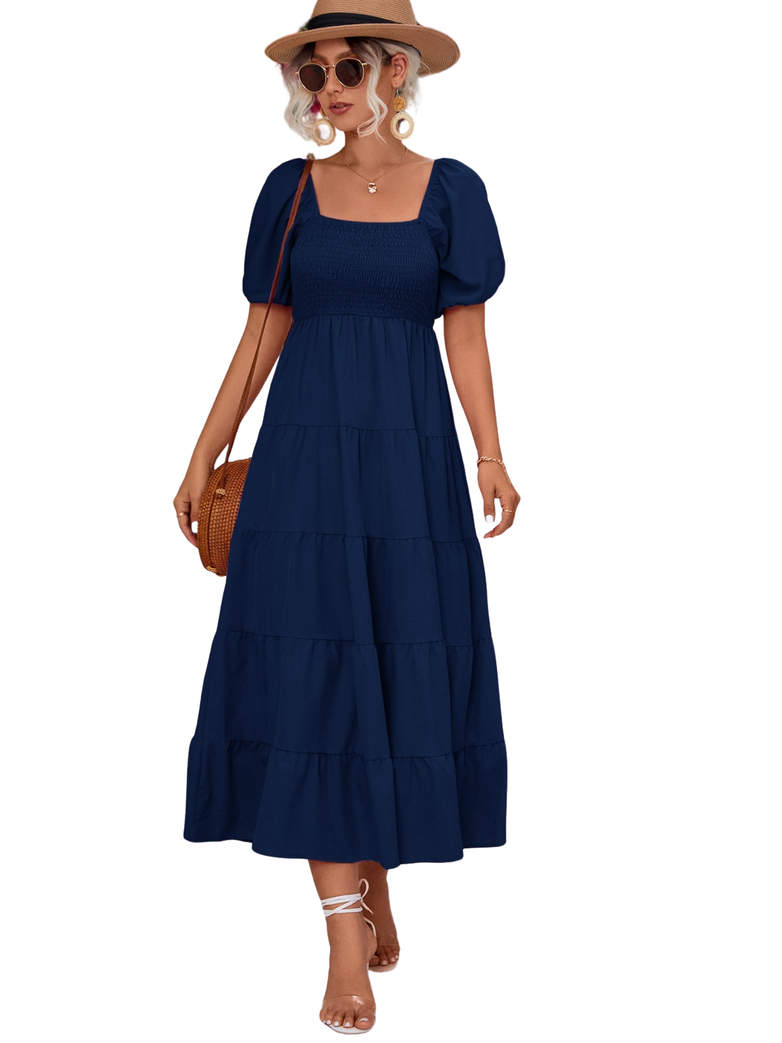 Chic Tiered Smocked Dress in navy, black, & hot pink. Perfect blend of elegance & comfort for any occasion. Shop now for timeless style!