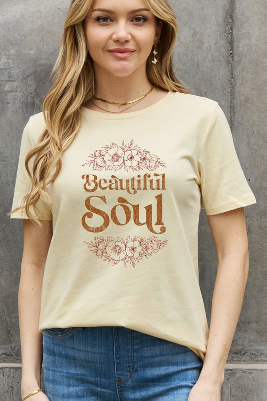 Soft ivory tee featuring "Beautiful Soul" text and floral design