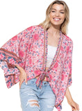 Floral patterned kimono in pink with versatile styling options.