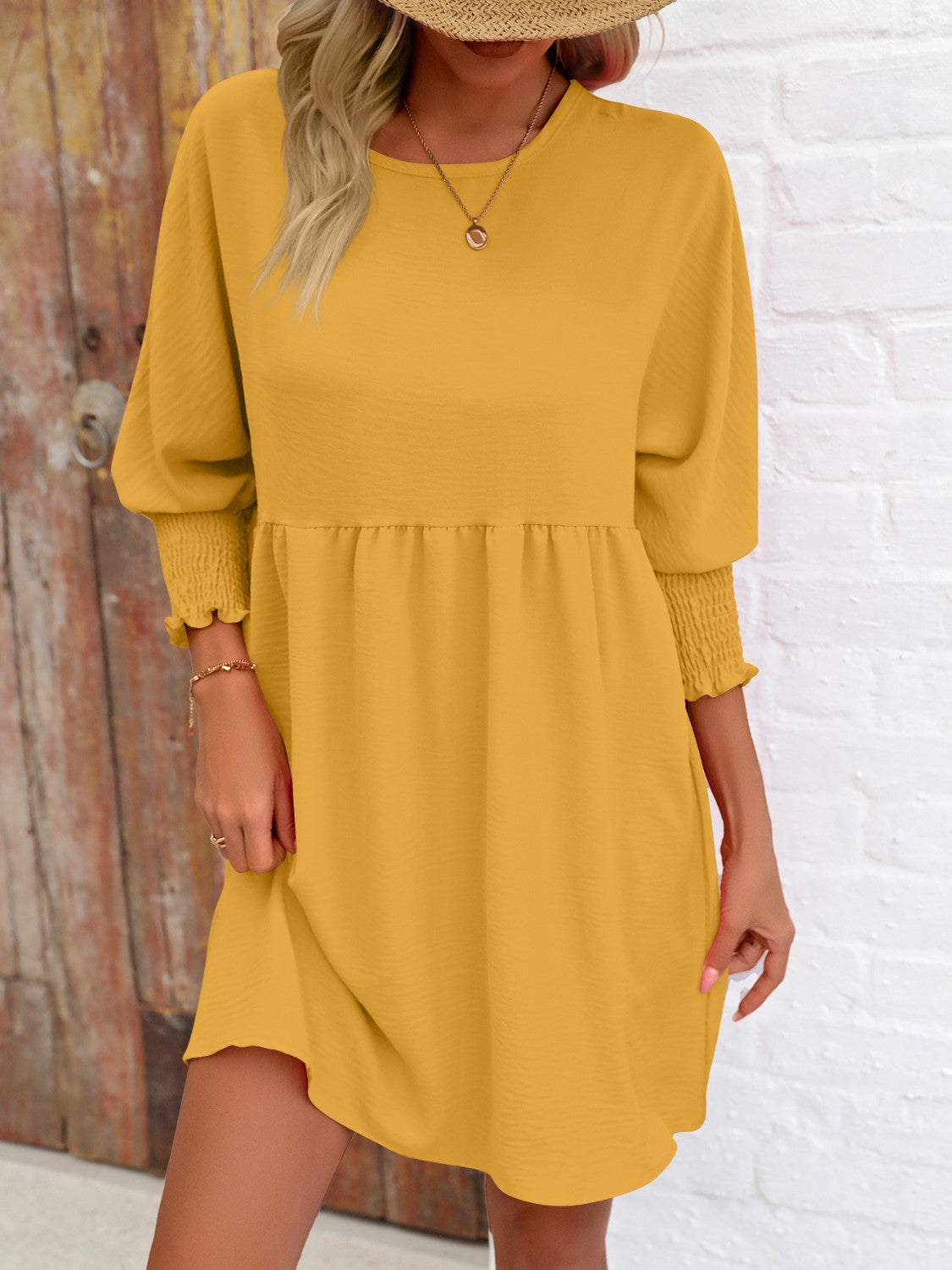 Chic Round Neck Lantern Sleeve Mini Dress for a stylish look. Perfect for any occasion, easy to style, and comfortable all day long