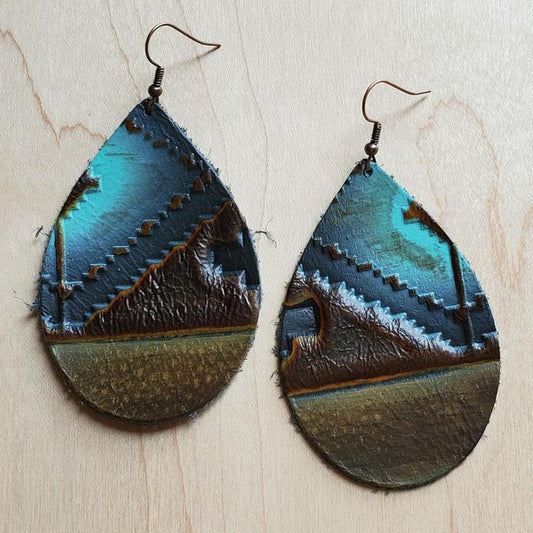 Teardrop earrings with an abstract design in earthy and turquoise tones, featuring a textured pattern and hook closure.