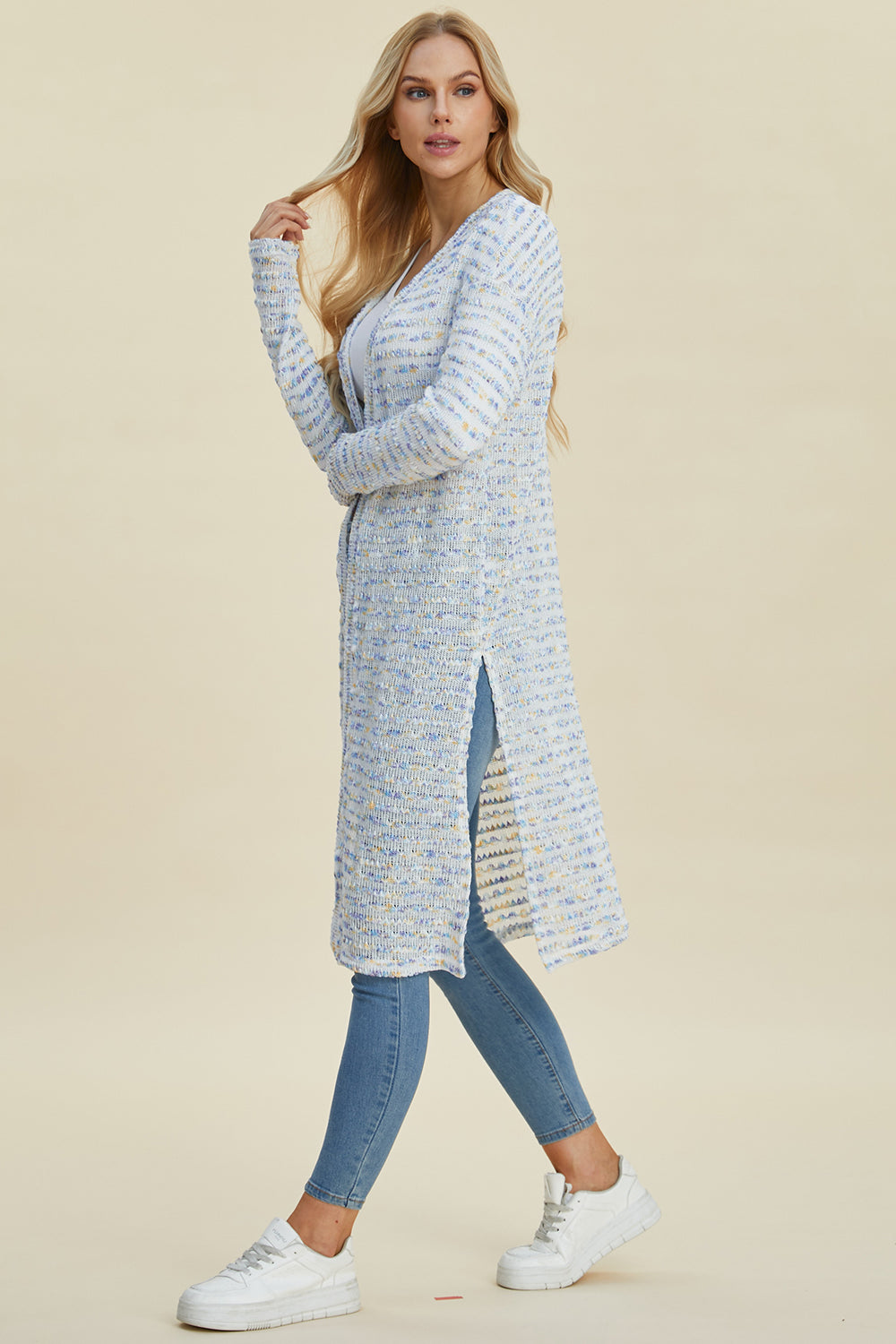 Versatile Light Blue Multicolor Longline Cardigan