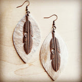 handmade earrings featuring feather-shaped metal charms attached to leather leaf backings