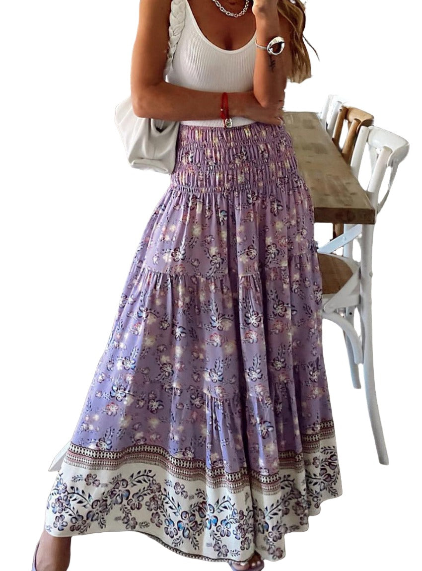 Lightweight lavender maxi skirt with bohemian floral design