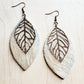 Handcrafted leather earrings with intricate copper leaf design