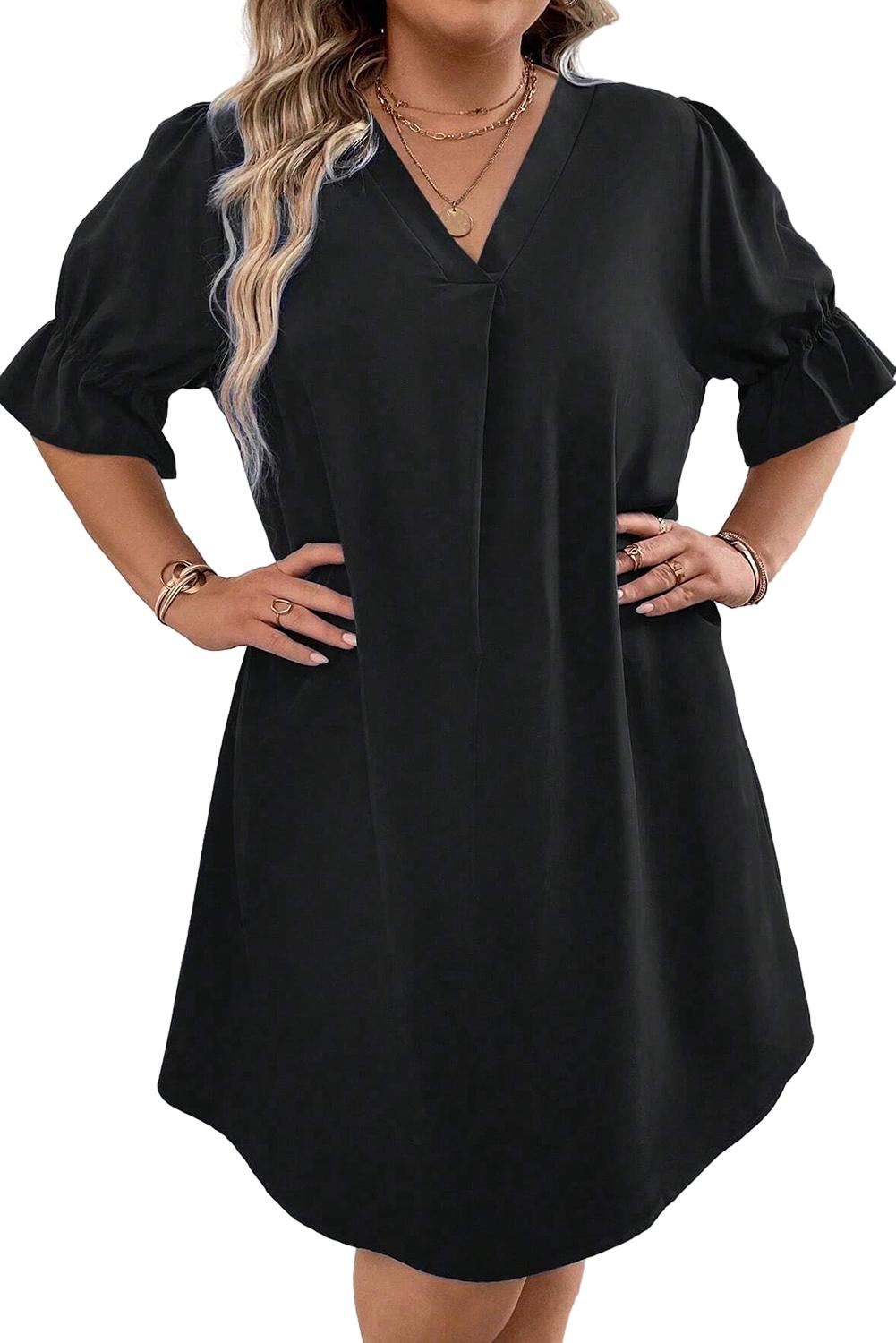 Elevate your style with our Plus Size Mini Dress featuring a chic V-neck and ruffled puff sleeves for a flattering, fashionable look.