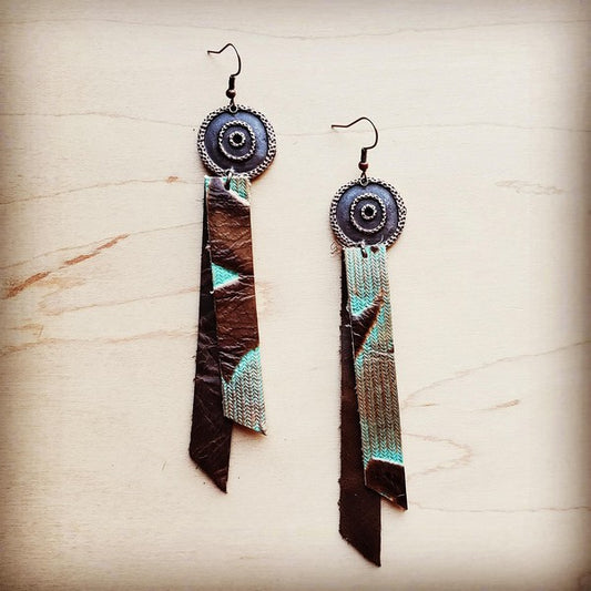 Unique artisan-made earrings featuring brown and teal fabric strips and detailed circular accents.