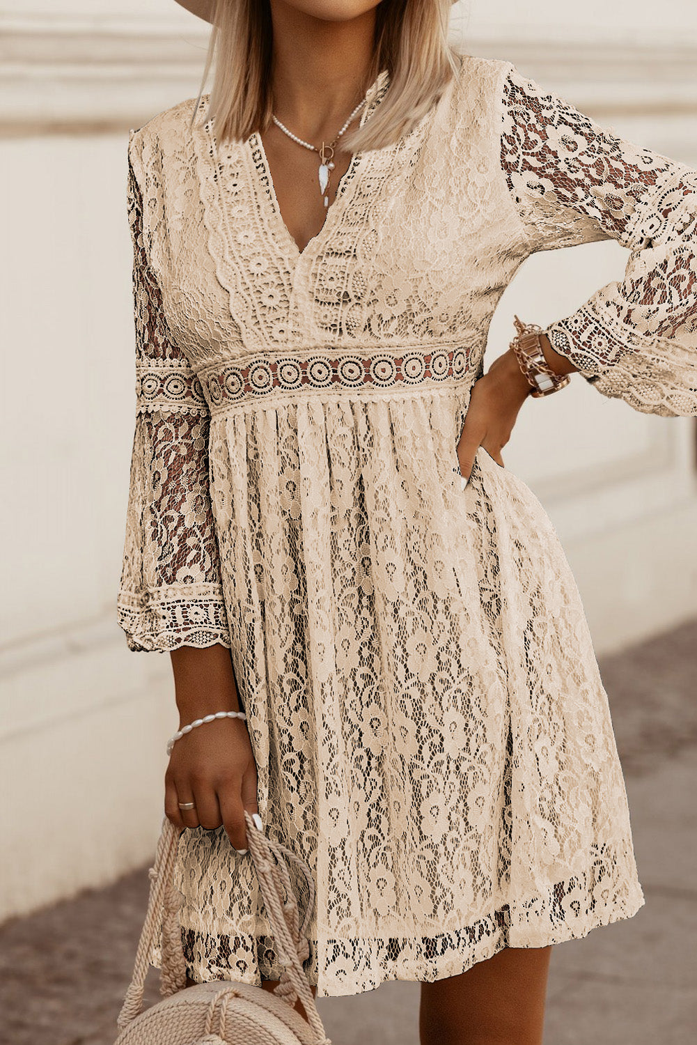 Elegant Lace V-Neck Dress with three-quarter sleeves, perfect for any stylish occasion. Comfort meets chic in this timeless piece.
