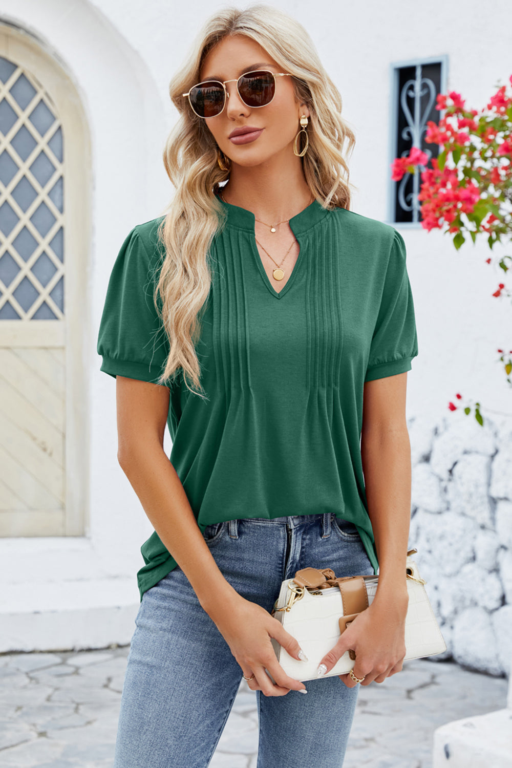 Chic notched neckline T-shirt in 5 colors. Perfect blend of style & comfort for everyday elegance.