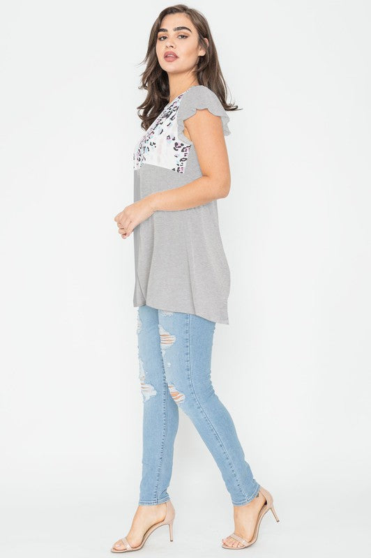 Gray leopard print blouse with cap sleeves