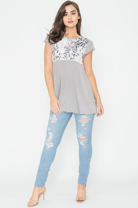 Gray leopard print casual blouse