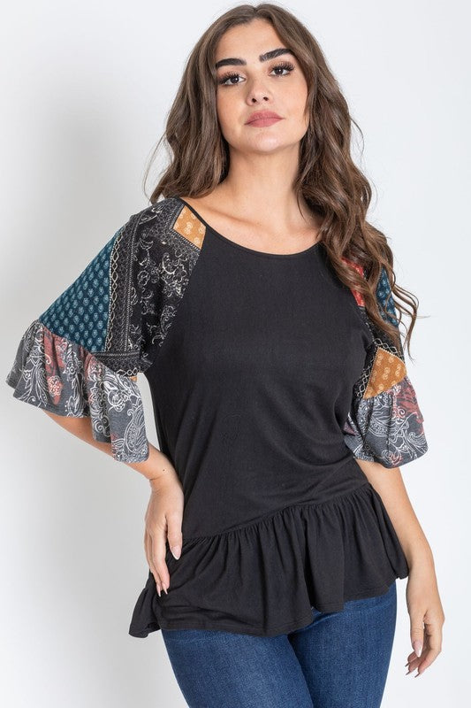 Black peplum shirt with mixed-patterned ruffle sleeves