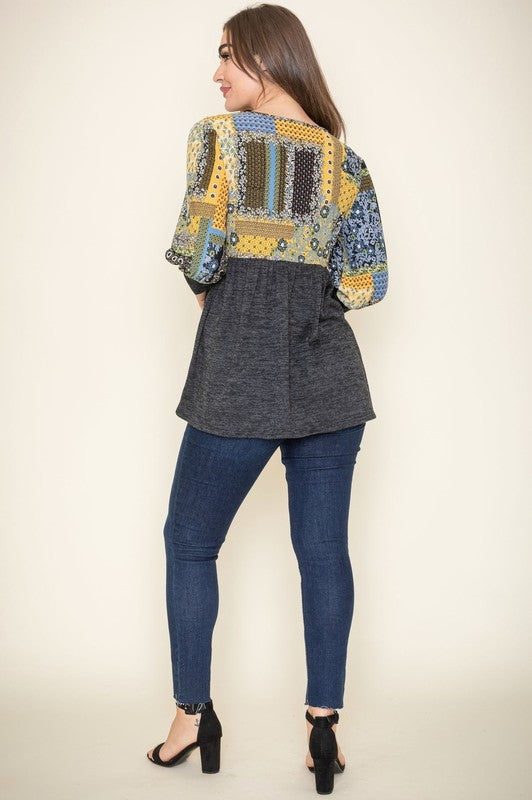 Casual plus size blouse featuring vibrant patchwork