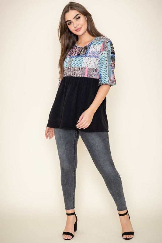 Breathable fabric plus size blouse with patchwork top