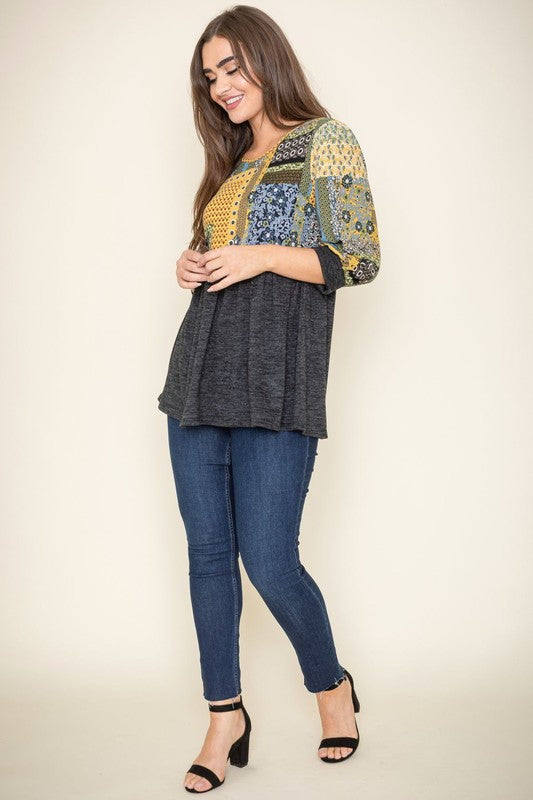 Plus size patchwork blouse with solid color bottom