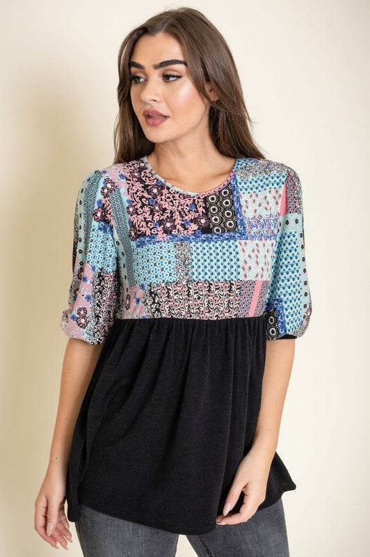 Elegant plus size blouse with colorful patchwork detail