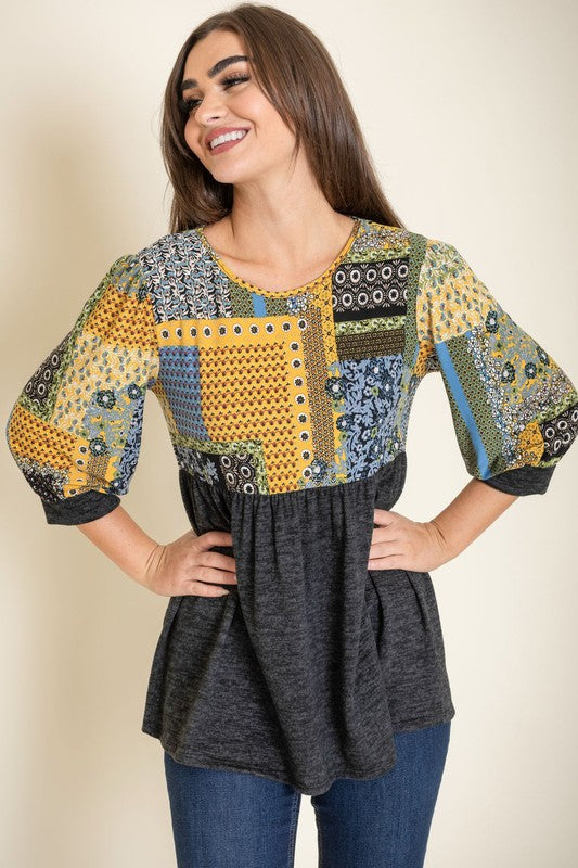 Relaxed fit plus size blouse with eye-catching patchwork