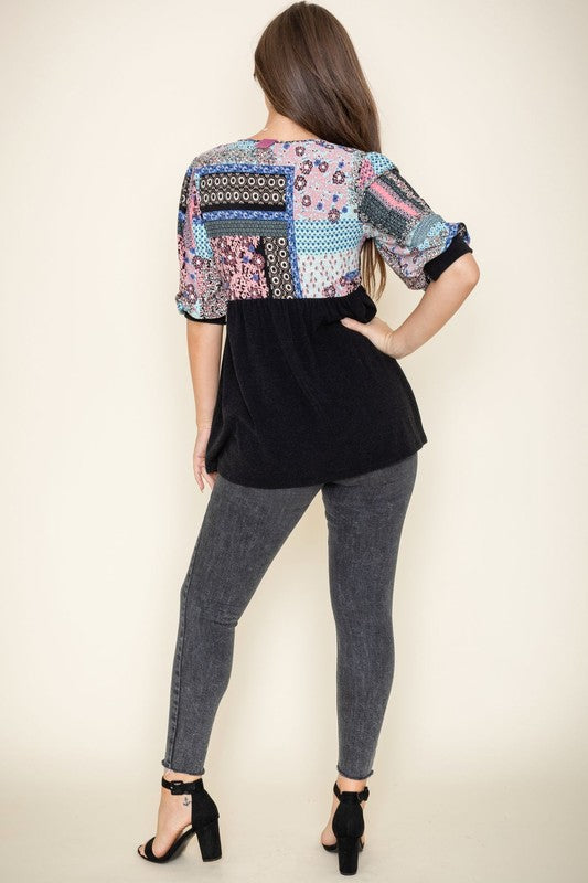 Chic plus size blouse featuring a patchwork pattern