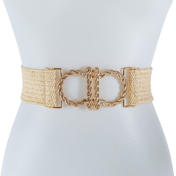 A woven belt with a gold double-loop buckle displayed on a mannequin torso.