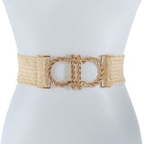 A woven belt with a gold double-loop buckle displayed on a mannequin torso.