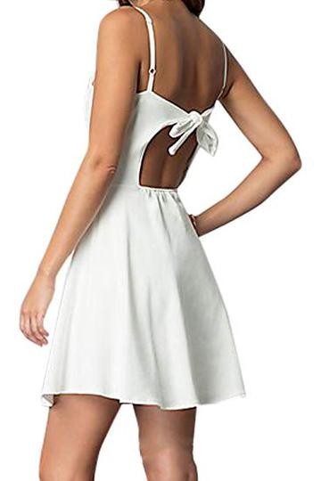 Classic white mini dress with a flared skirt and spaghetti straps.