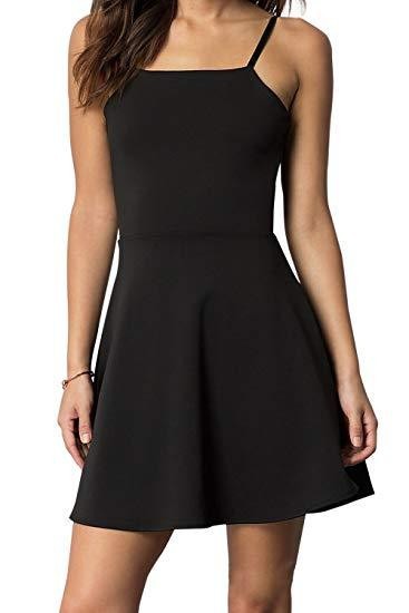 Black spaghetti strap mini dress with a square neckline.