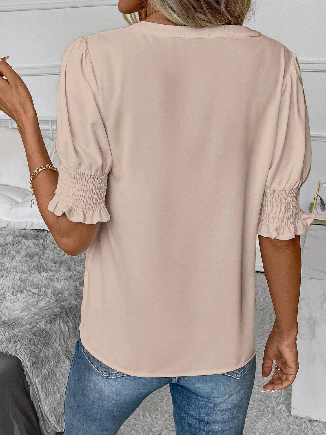 Khaki notched short sleeve blouse with smocked and ruffled sleeves