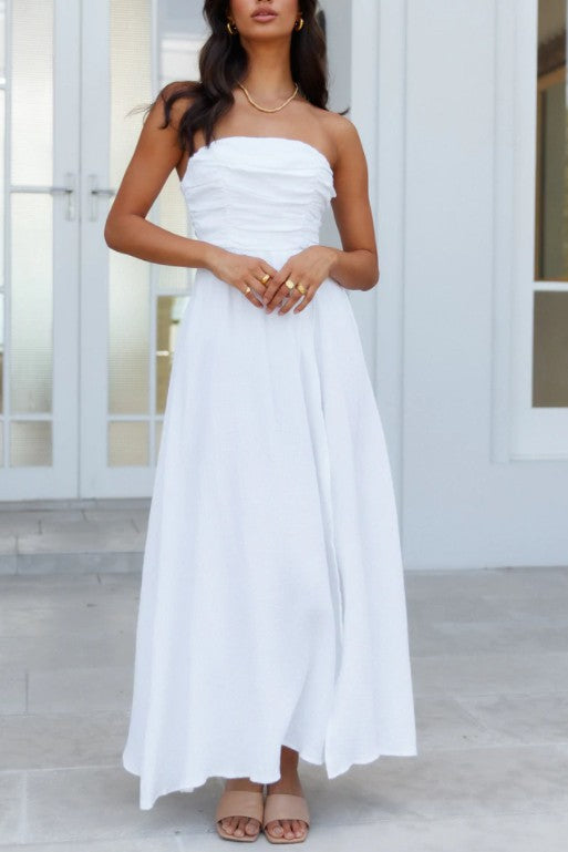 Elegant white maxi dress featuring a strapless design.