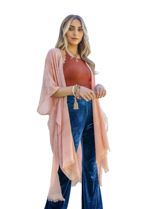 Pink lightweight breezy kimono with flowy fit.
