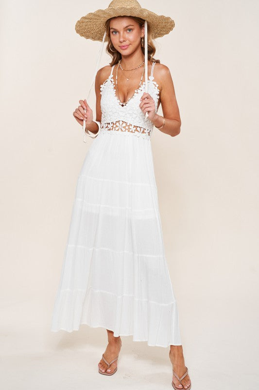 Stunning white maxi dress with lace bodice and flowing skirt