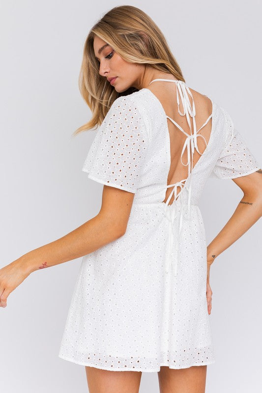 Short-sleeve white eyelet dress perfect for summer