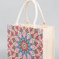 Durable straw tote bag with pink, purple, teal, and red geometric pattern