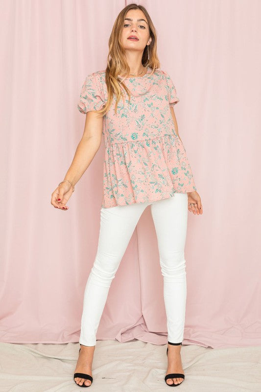 Soft pink paisley print peplum top