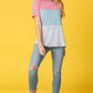 Modern color block tee with pink, blue, and gray stripes