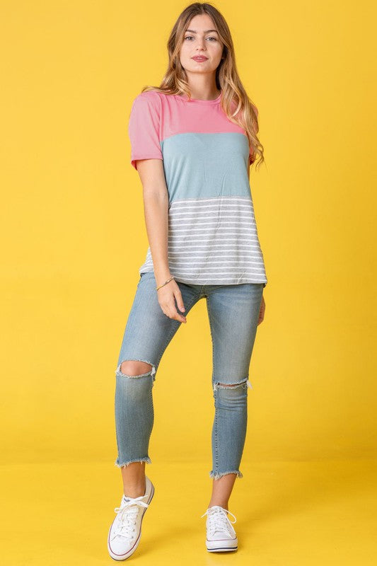 Modern color block tee with pink, blue, and gray stripes