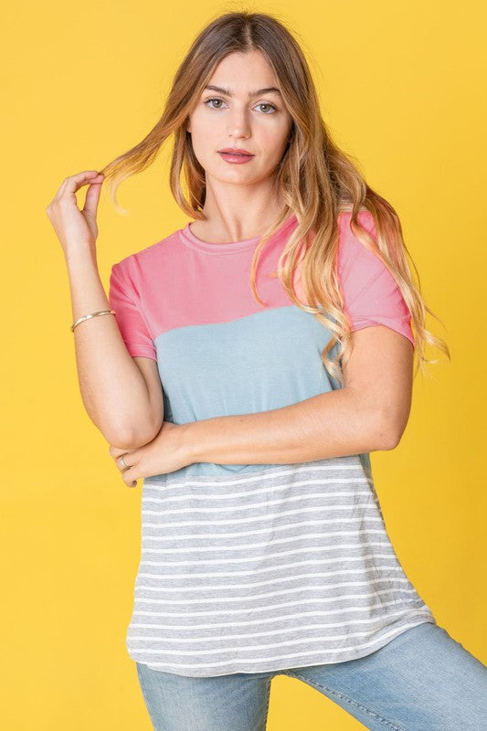 Modern color block tee with pink, blue, and gray stripes