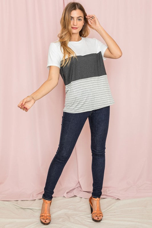 Lightweight color block striped shirt in black, white, and gray