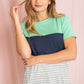 Soft fabric tee with green, navy, and gray color block stripes