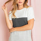 Breathable fabric tee with color block stripes in black, white, and gray