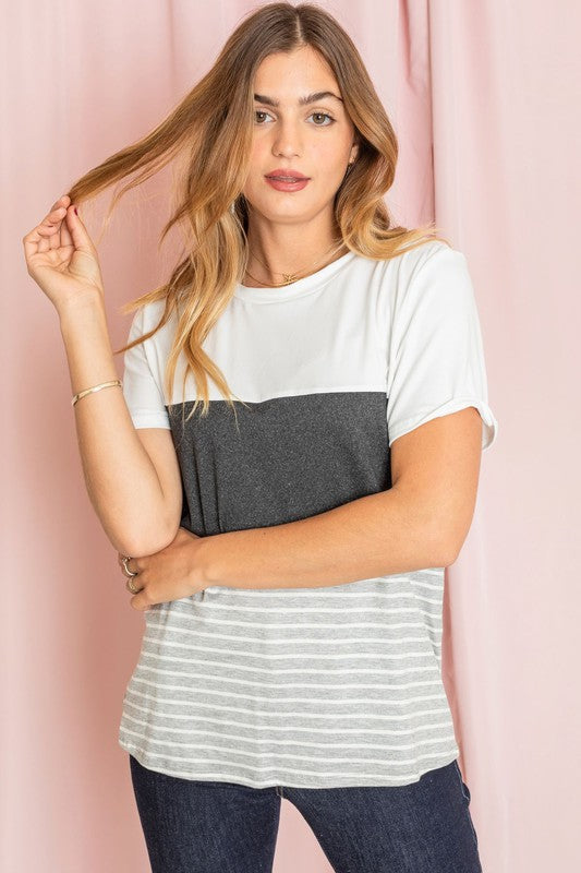 Breathable fabric tee with color block stripes in black, white, and gray