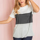 Comfortable tee with color block pattern in black, white, and gray stripes