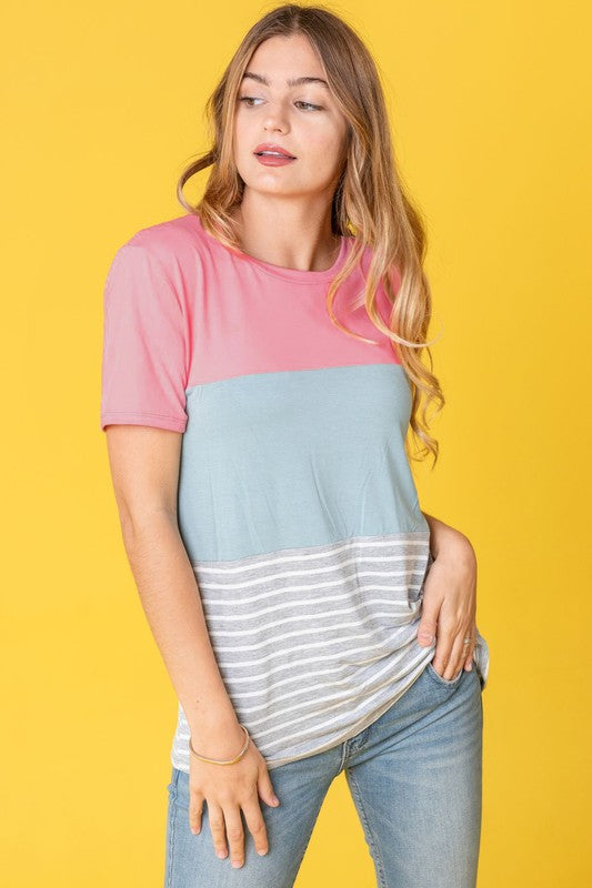 Modern color block tee with pink, blue, and gray stripes