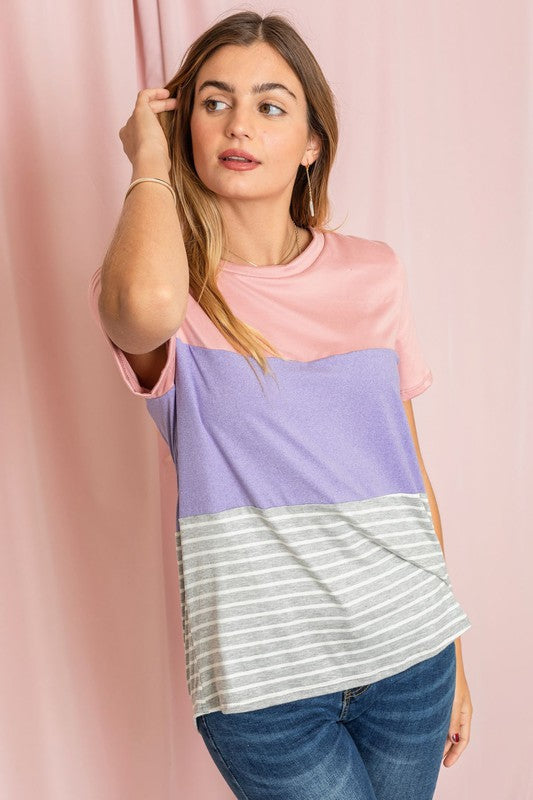Fashionable tee with color block pattern in pink, lavender, and gray