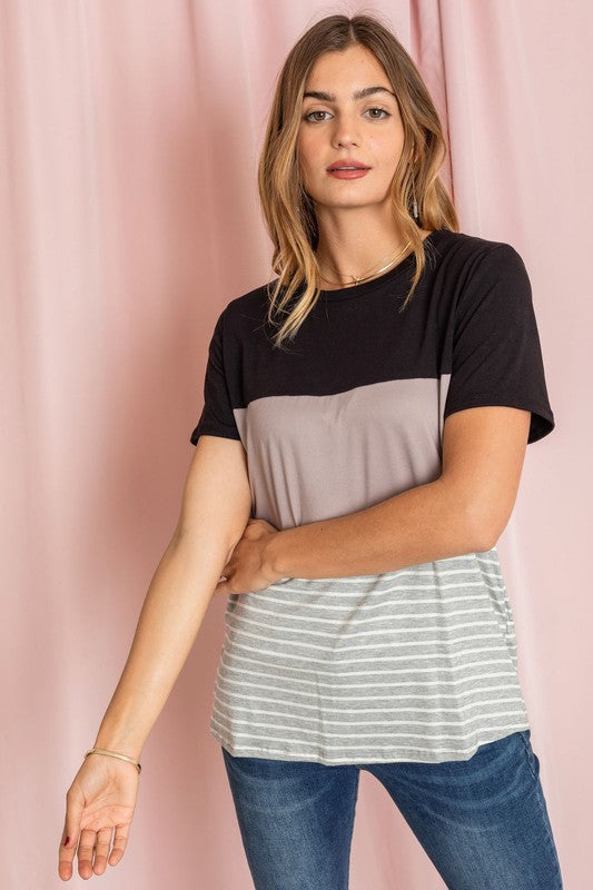 Relaxed fit color block striped shirt in black, taupe, and gray