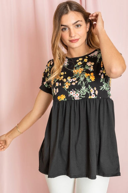 Plus size floral print black baby doll tunic with relaxed fit & soft fabric