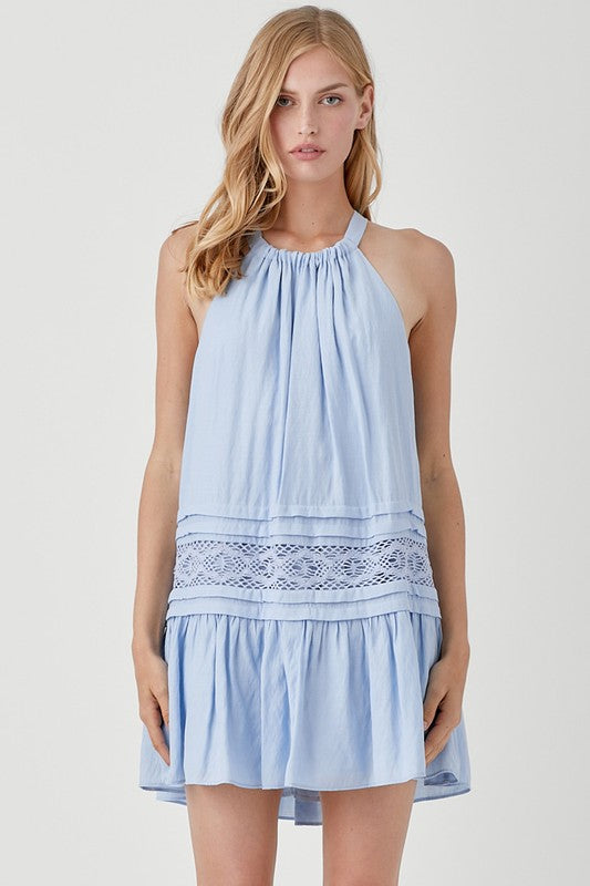 Stylish blue halter dress with delicate lace detailing.