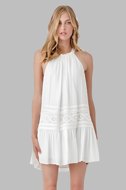 Elegant white lace trim halter dress perfect for summer.