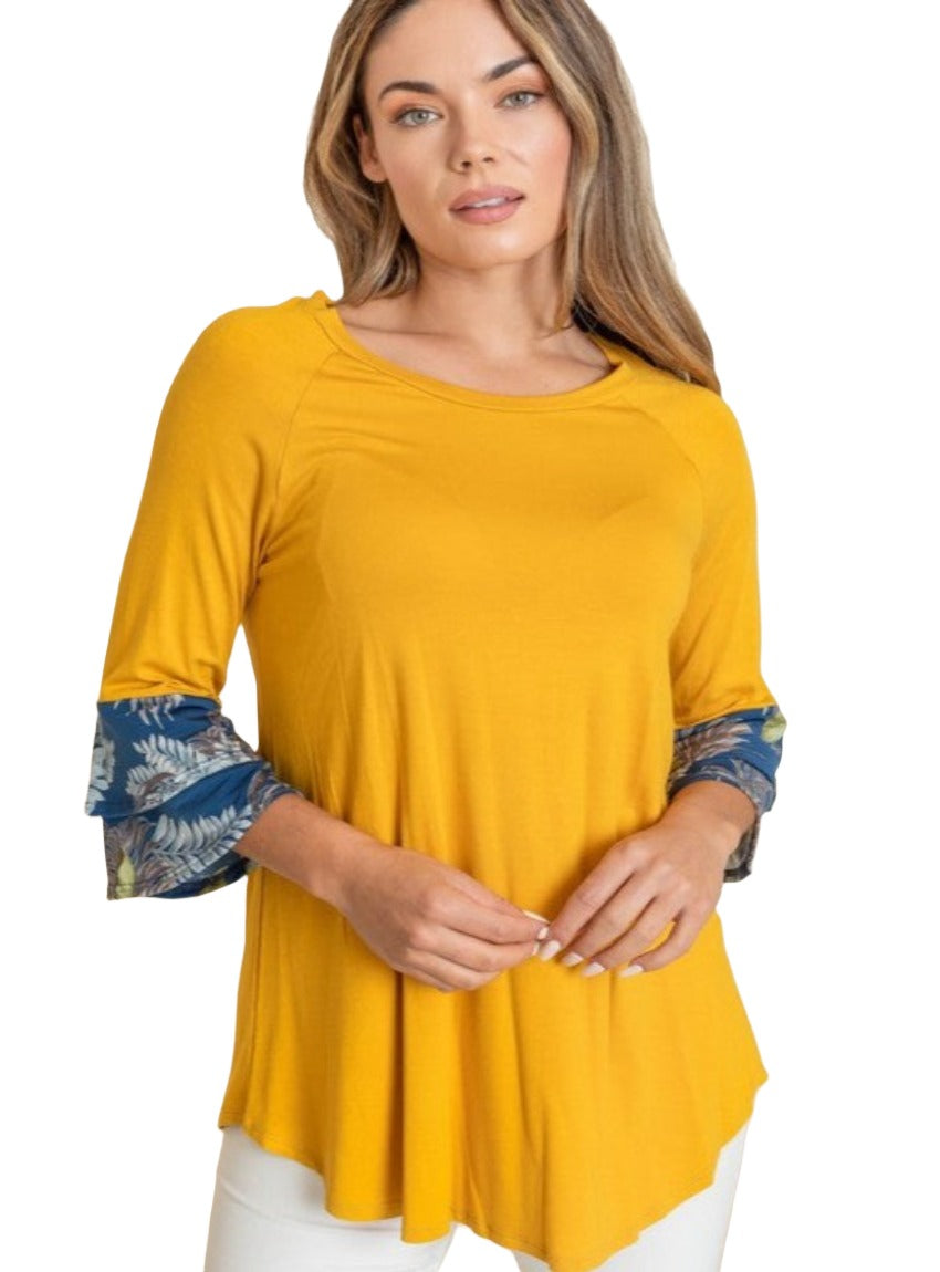 Yellow top with floral sleeve detail