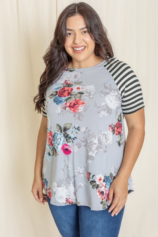 Relaxed fit Floral Stripe Delight Top in plus sizes.